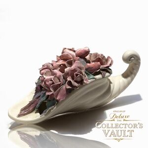 Vintage hand-painted-crafted cornucopia-shaped vase-sculpted roses-Rare Find